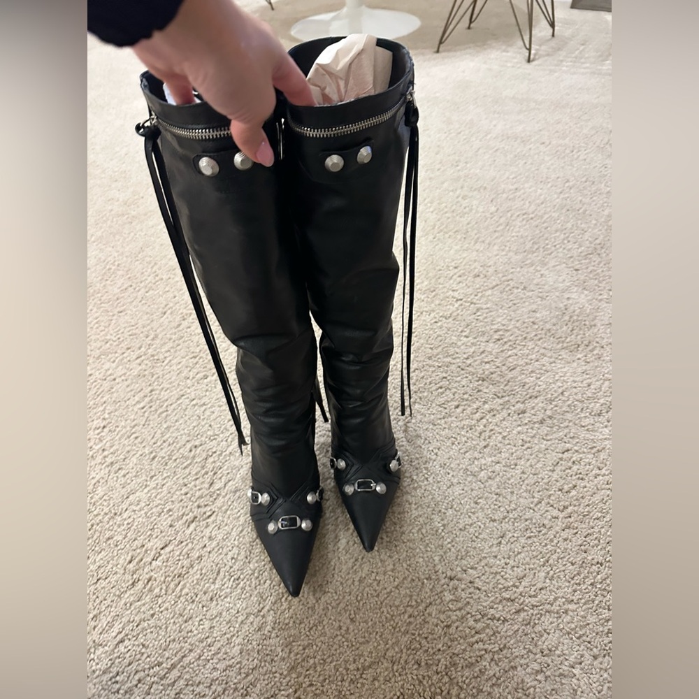 Black Knee-High Leather Boots with Silver Accents